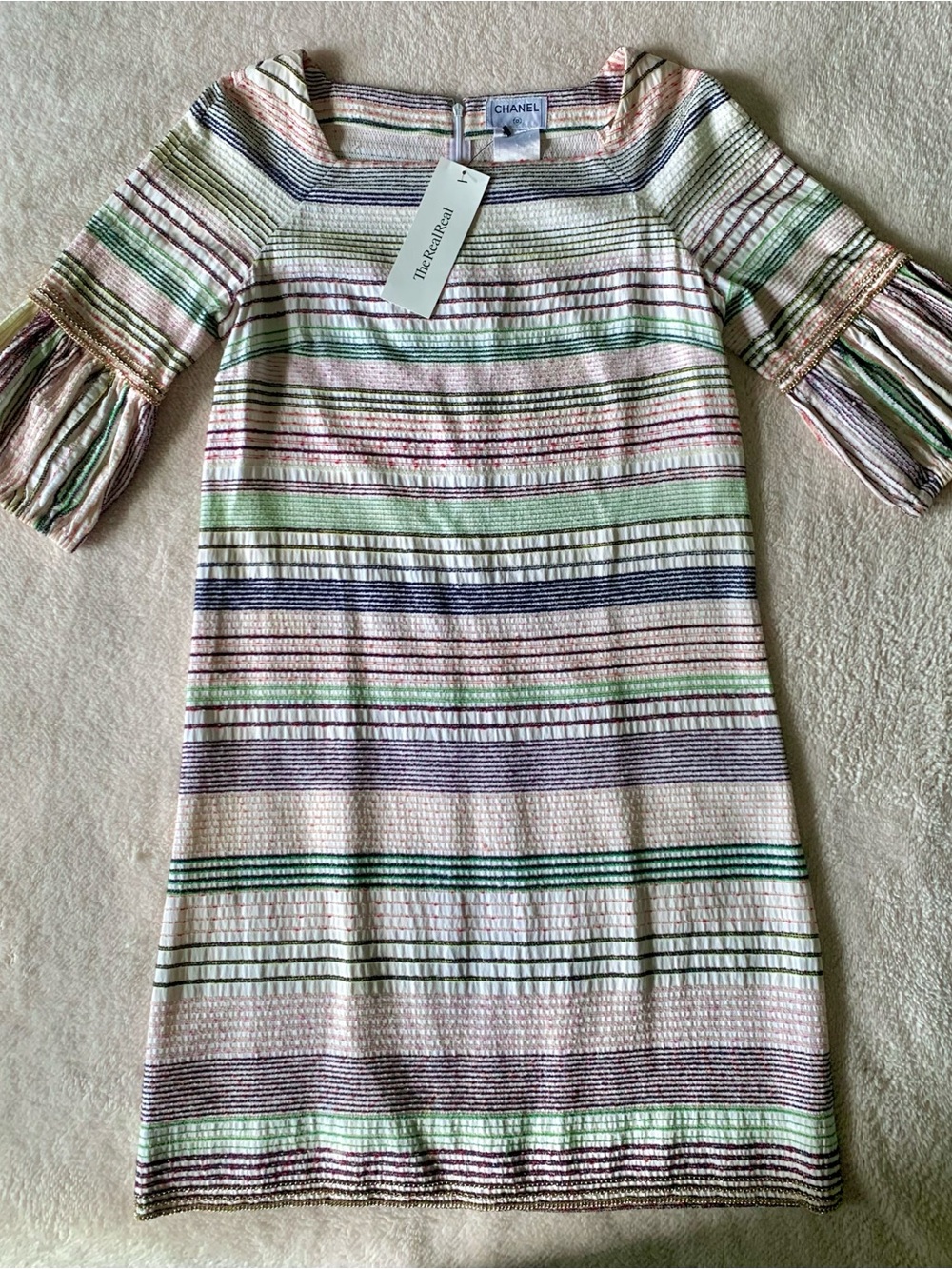 CHANEL SHIFT DRESS TWEED SQUARE NECK CHAIN TRIMMED SIZE 8